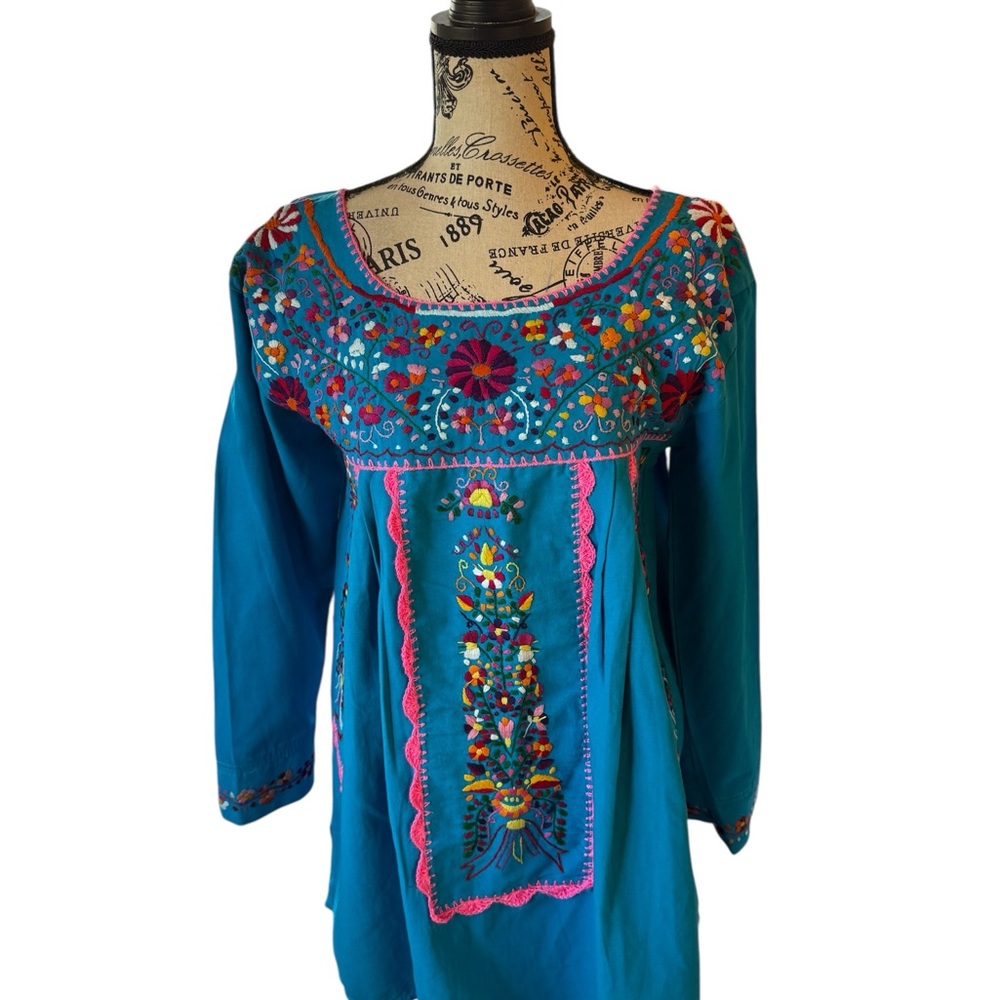 Embroidered Tunic, Turquoise Tunic, Mexico Tunic, Mexican Blouse, Tunic, Sz L
